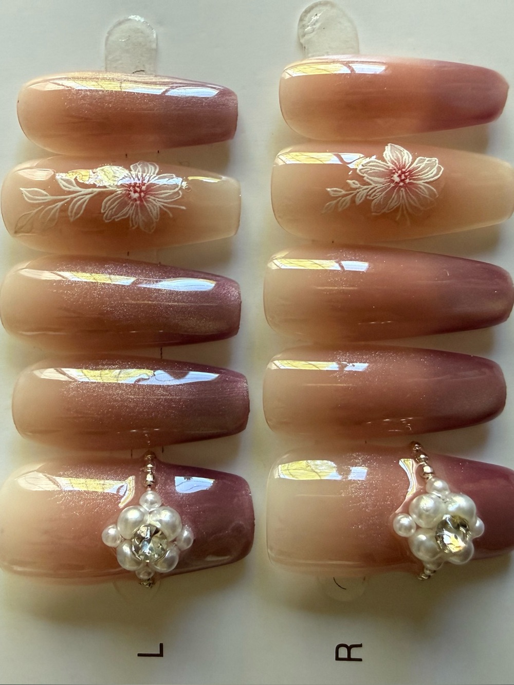 Pressed Pink Ombre Floral Pearl False Nail Set